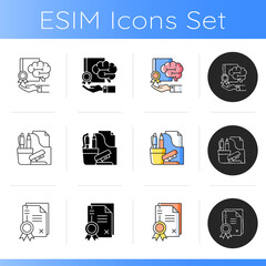 Corporate intellectual property icons set. Discoveries and development. Chancellery. Patents. Rights and certification. Linear, black and RGB color styles. Isolated vector illustrations