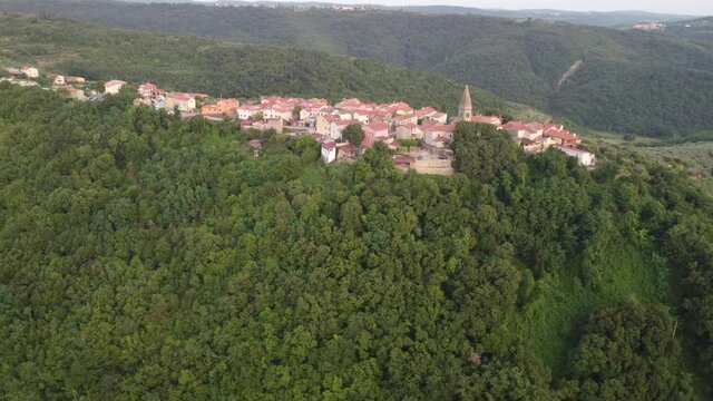 Aerial view of typical old Istrian village Padna on a hill in summer, Slovenia
