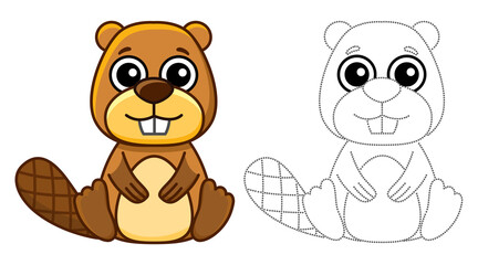 Forest animal for children coloring book. Funny beaver in a cartoon style. Trace the dots and color the picture - obrazy, fototapety, plakaty
