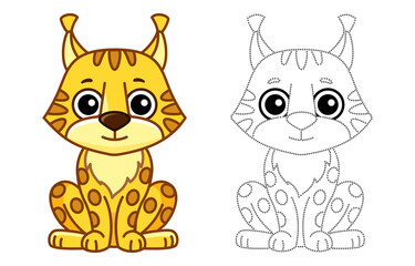 Forest animal for children coloring book. Funny lynx in a cartoon style. Trace the dots and color the picture
