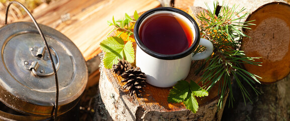 White campfire enamel mug with hot herbal tea on wooden stump. Bowler pot on background, cones, forest elements as decor. Concept of lunch break during hiking, trekking, active tourism. Banner