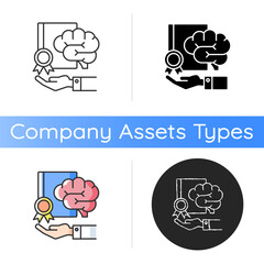 Corporate intellectual property icon. Intangible company asset. Mind creations. Hand holding brain and certificate. Linear black and RGB color styles. Isolated vector illustrations