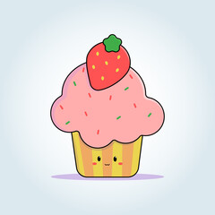 pink cupcake with strawberries in a flat style