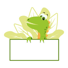 A cute dinosaur is holding an empty sign. Children's illustration.