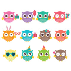 Cute owls birthday on white background