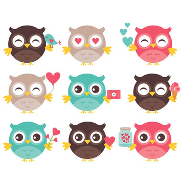 Cute love owls on white background