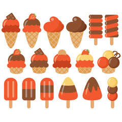 Set of sweets. Ice cream and cupcakes on a white background. Strawberry and chocolate