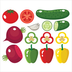 Vegetables and slices on a white background