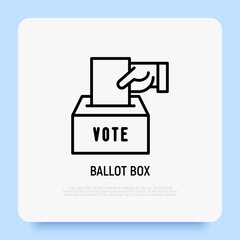Ballot box, hand puts envelope with vote in box. Thin line icon. Modern vector illustration.