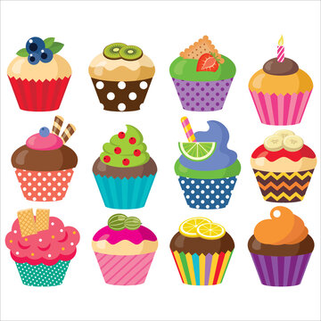 Set of festive multicolored cupcakes