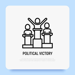 Political victory thin line icon, man at tribune with hands up. Modern vector illustration.
