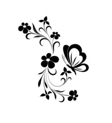 Vector illustration of flower pattern and butterfly tattoo on black and white background