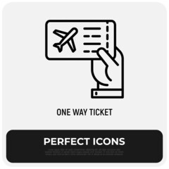 One way ticket on airplane in hand thin line icon. Modern vector illustration.