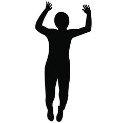 Silhouette of a girl, a girl with a large weight of black color in a jump with raised arms up. Flat style. Vector image isolated.