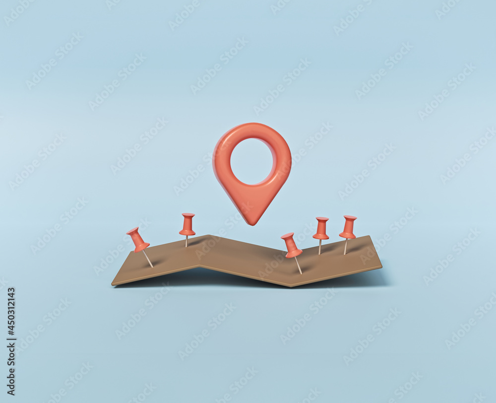 Poster minimal location pins on map. 3d rendering