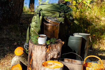 Backpack of traveller, bowler pot, enameled mug with coffee or tea, on wooden stump in the forest....