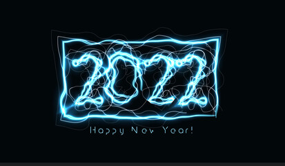 Happy New Year 2022 numbers Realistic blue lightning on black background for brochure, greeting card or calendar cover design template Vector illustration.