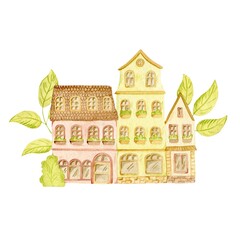 Cute cartoon watercolor houses with leaves. Summer fresh illustration. 