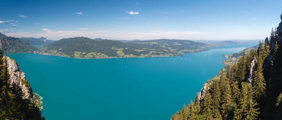 Fototapeta premium Panoramic view to Attersee and Mondsee from hill Schoberstein hill. Austria, Salzburg region