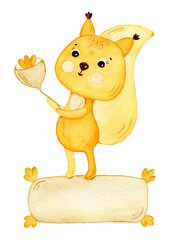 Watercolor squirrel with flower and place for your lettering. Illustration in orange colors for thanks. Postcard, poster, card.