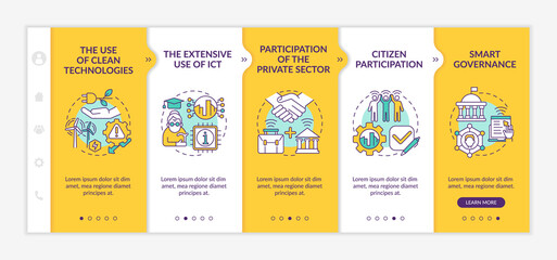 Instruments of smart city yellow onboarding vector template. Responsive mobile website with icons. Web page walkthrough 5 step screens. Environment improvement color concept with linear illustrations