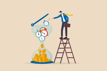 Time is money, long term investment return, retirement pension fund concept, smart businessman investor putting time pieces, clock, alarm clock and timer into sandglass falling to money profit return. - obrazy, fototapety, plakaty