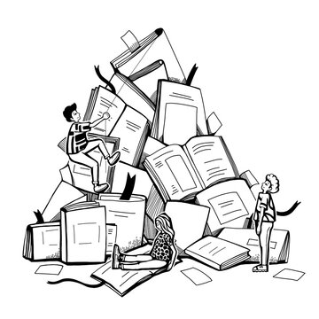 People Climb The Mountain From The Books. Cute Graphic Flat Modern Illustration About The Difficulty Of Studying In School, College Or University. Black And White Hand Drawn Sketch..