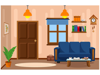 Vector illustration with sofa, bookcase, window and lamp. The interior of the living room.