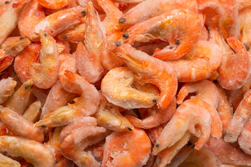 Fresh shrimps in ice. Top view.