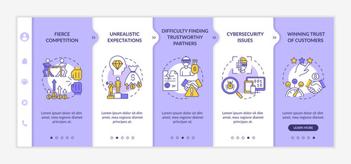 Startup launch risks onboarding vector template. Responsive mobile website with icons. Web page walkthrough 5 step screens. Business difficulties color concept with linear illustrations