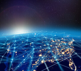 Planet Earth, city lights and worldwide digital network infrastructure concept - obrazy, fototapety, plakaty