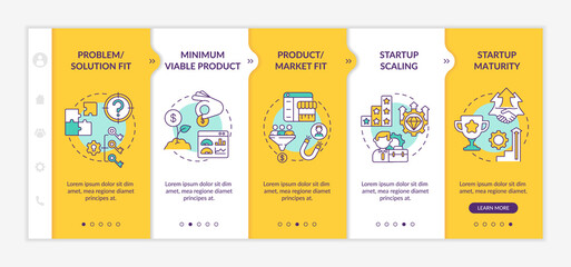 Startup lifecycle stages onboarding vector template. Product, market fit. Responsive mobile website with icons. Web page walkthrough 5 step screens. Business color concept with linear illustrations