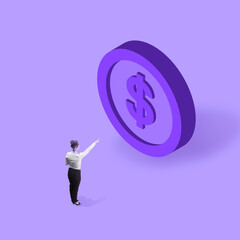 One young businesswoman pointing at huge coin with dollar sign. Copyspace for ad, offer. Finance, business concept