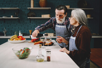 Modern senior drinking wine together in kitchen