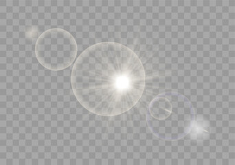 Cute sunlight special lens flash light effect on transparent background. Front sun lens flash. Blur in the light of radiance. Abstract template for creative use. Flat cartoon vector illustration