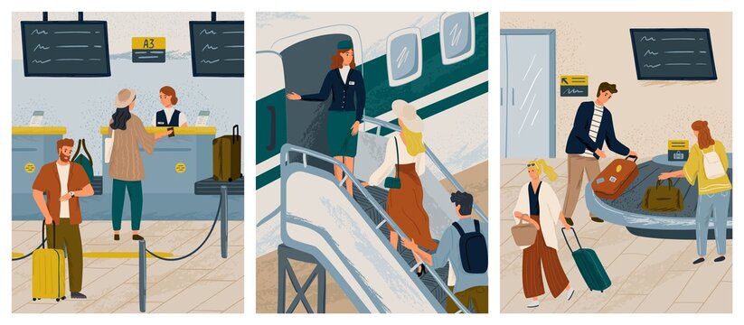 People boarding air plane hand drawn vector illustration set. Passengers at check-in counter in airport. Man and woman waiting for luggage at conveyor belt. Air travel concept