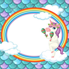 Oval frame template on green fish scales background with unicorn cartoon character