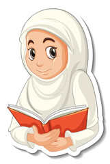 A sticker template with Muslim girl praying cartoon character