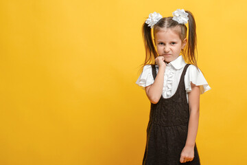Close up photo of oud girl, portrait with different emotions, isolated yellow color background