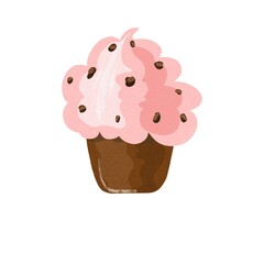 Chocolate cupcake isolated on white background. Hand drawn