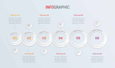 Red vector infographics timeline design template with rounded elements. Content, schedule, timeline, diagram, workflow, business, infographic, flowchart. 6 steps infographic.