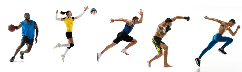 Fototapeta na wymiar Sport collage. Basketball, fitness, running, boxing, volleyball players posing isolated on white studio background. Fit african and caucasian men and women