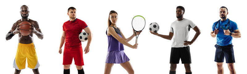 Sport collage. Tennis, soccer football, basketball, fitness players posing isolated on white studio background. Fit african and caucasian men and women