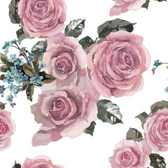 Pink roses and forforget me notget me not flowers on white background seamless pattern for all prints.