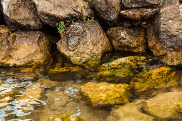 Stone coast and water close up