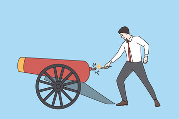 Canon and cannoneer idea concept. Young positive confident businessman standing firing canon having Creative idea for business vector illustration  - obrazy, fototapety, plakaty
