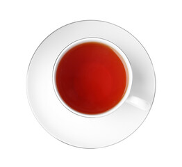 Ceramic cup of aromatic rooibos tea isolated on white, top view