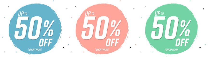 Sale 50% off, set discount banners design template, promo app signs, vector illustration