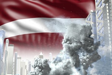 large smoke column in abstract city - concept of industrial accident or terrorist act on Latvia flag background, industrial 3D illustration