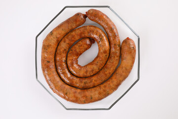 Local Northern Thai food , Northern Thai spicy sausage street food isolated in white background